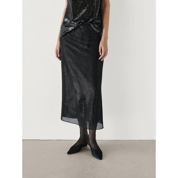 Massimo Dutti Womens Sequined Skirt Midi EU 34 US 2 Black organza 5251/550 NWT - Picture 1 of 9